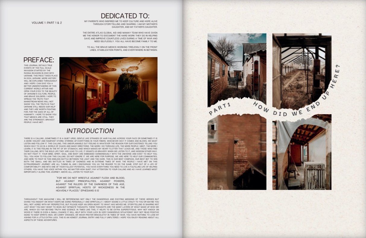 Magazine spread showing the dedication, preface and the opening of part one
