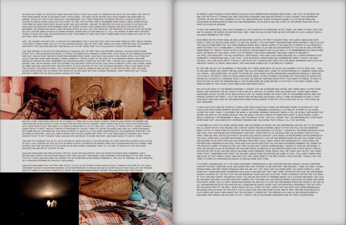 Magazine spread of reported text with photographs from Ukraine